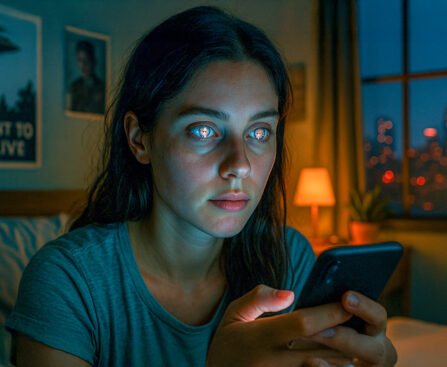 Jonge vrouw kijkt naar smartphone terwijl AI-beelden in haar ogen weerspiegelen, symbool voor digitale beïnvloeding.