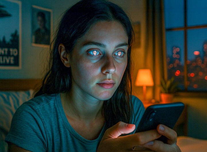 Jonge vrouw kijkt naar smartphone terwijl AI-beelden in haar ogen weerspiegelen, symbool voor digitale beïnvloeding.