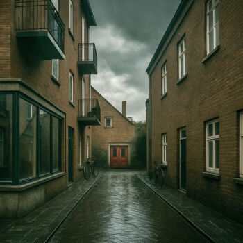 Natte, verlaten Amsterdamse steeg met donkere wolken en twee fietsen tegen bakstenen gevels.