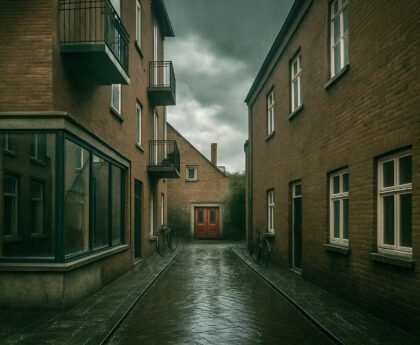 Natte, verlaten Amsterdamse steeg met donkere wolken en twee fietsen tegen bakstenen gevels.