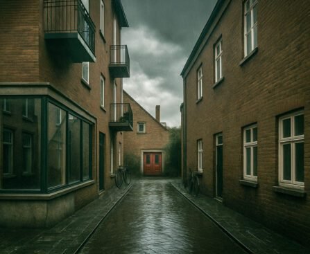 Natte, verlaten Amsterdamse steeg met donkere wolken en twee fietsen tegen bakstenen gevels.