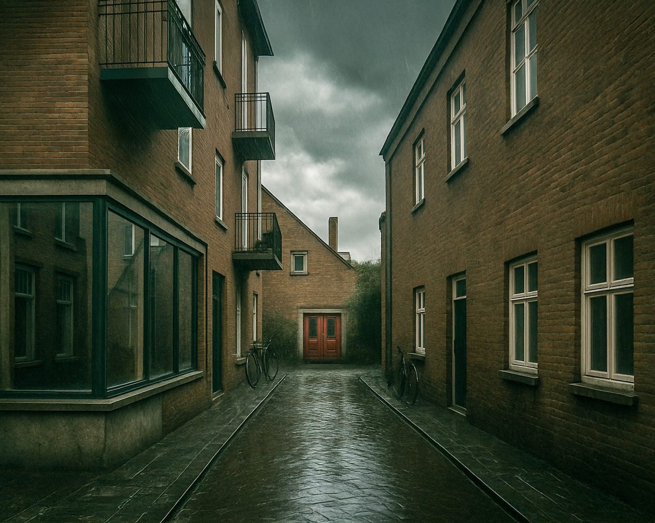 Natte, verlaten Amsterdamse steeg met donkere wolken en twee fietsen tegen bakstenen gevels.