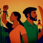 Illustratie van Carlota Lucumí en een mannelijke strijder met machete te midden van suikerriet en een koloniale achtergrond