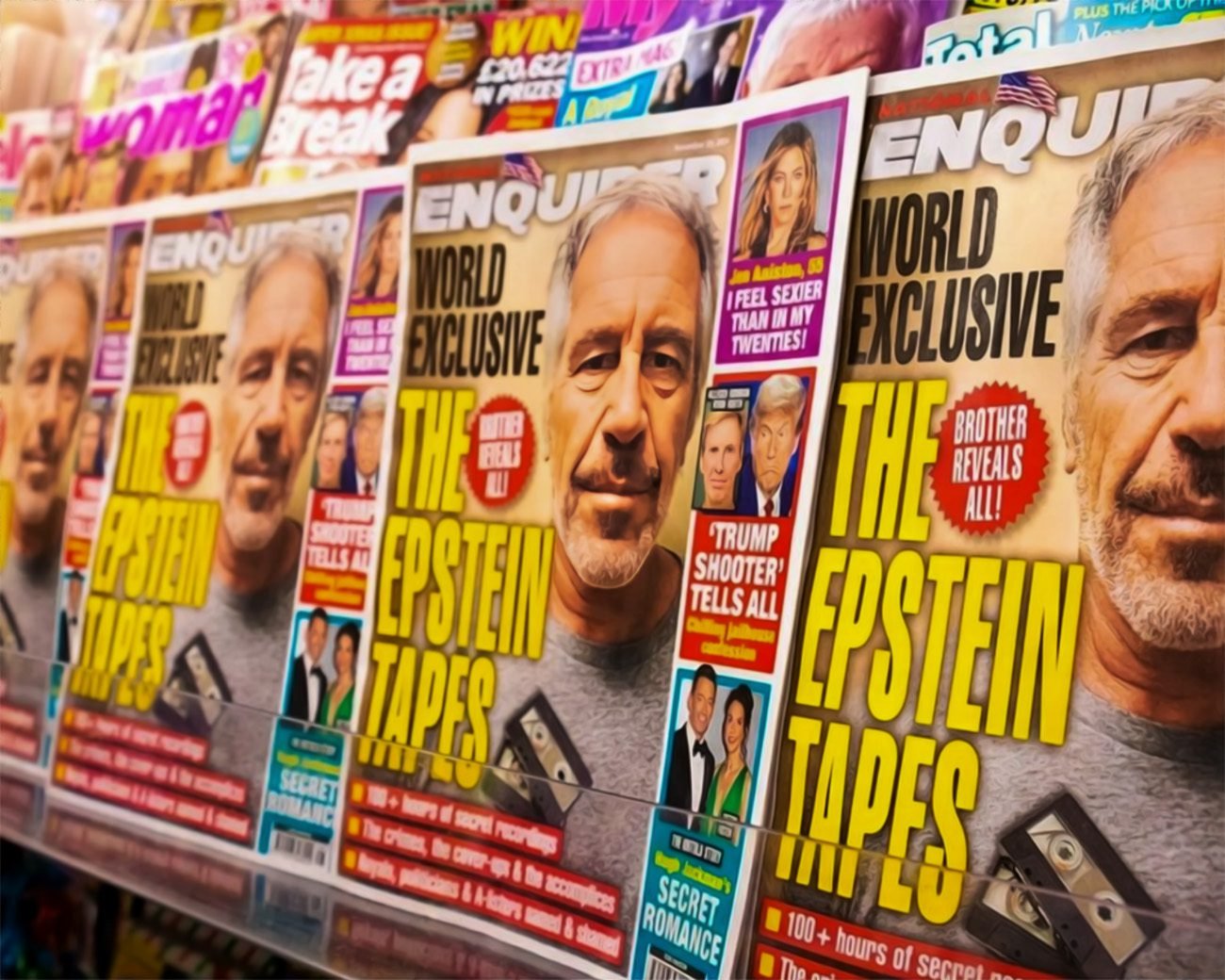 Krantenrek met meerdere exemplaren van een tabloid over de Epstein-tapes