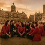 Een groep mensen zit in een kring op de Dam in Amsterdam tijdens zonsondergang, in gesprek en op gelijke hoogte.