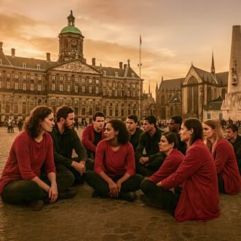 Een groep mensen zit in een kring op de Dam in Amsterdam tijdens zonsondergang, in gesprek en op gelijke hoogte.
