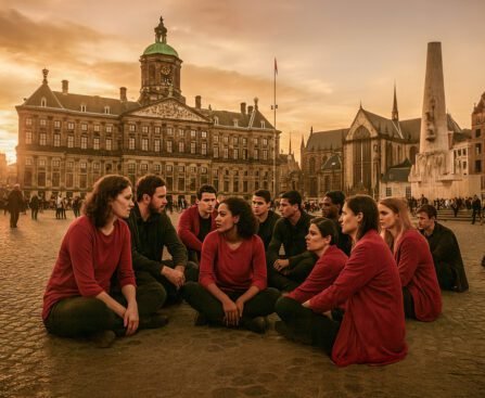 Een groep mensen zit in een kring op de Dam in Amsterdam tijdens zonsondergang, in gesprek en op gelijke hoogte.