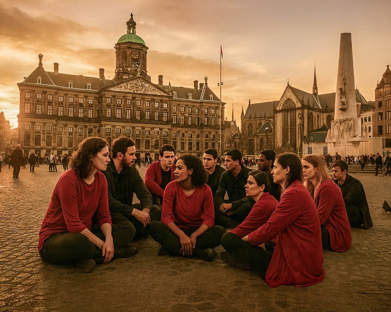 Een groep mensen zit in een kring op de Dam in Amsterdam tijdens zonsondergang, in gesprek en op gelijke hoogte.