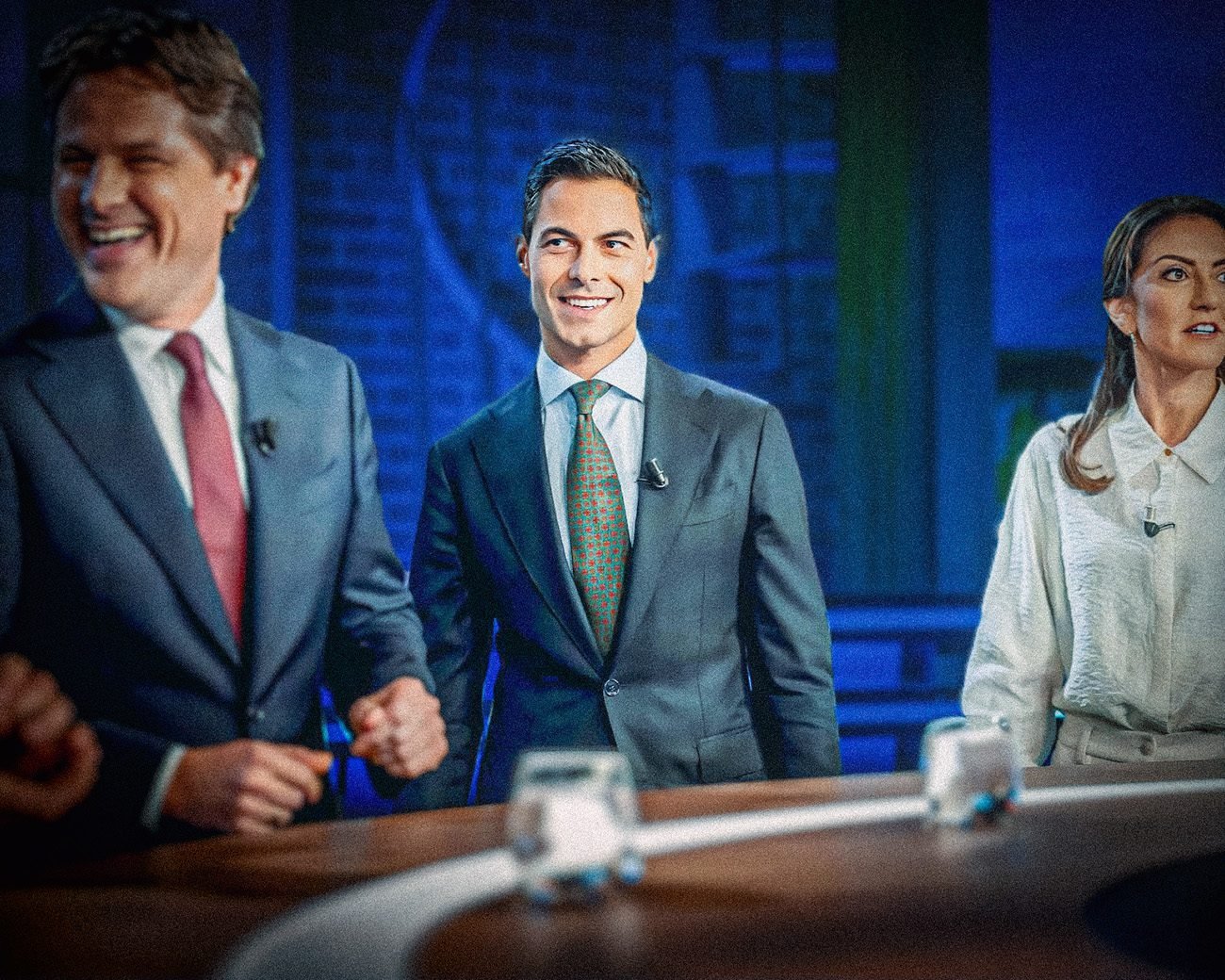 Rob Jetten en andere partijleiders tijdens verkiezingsdebat 2025