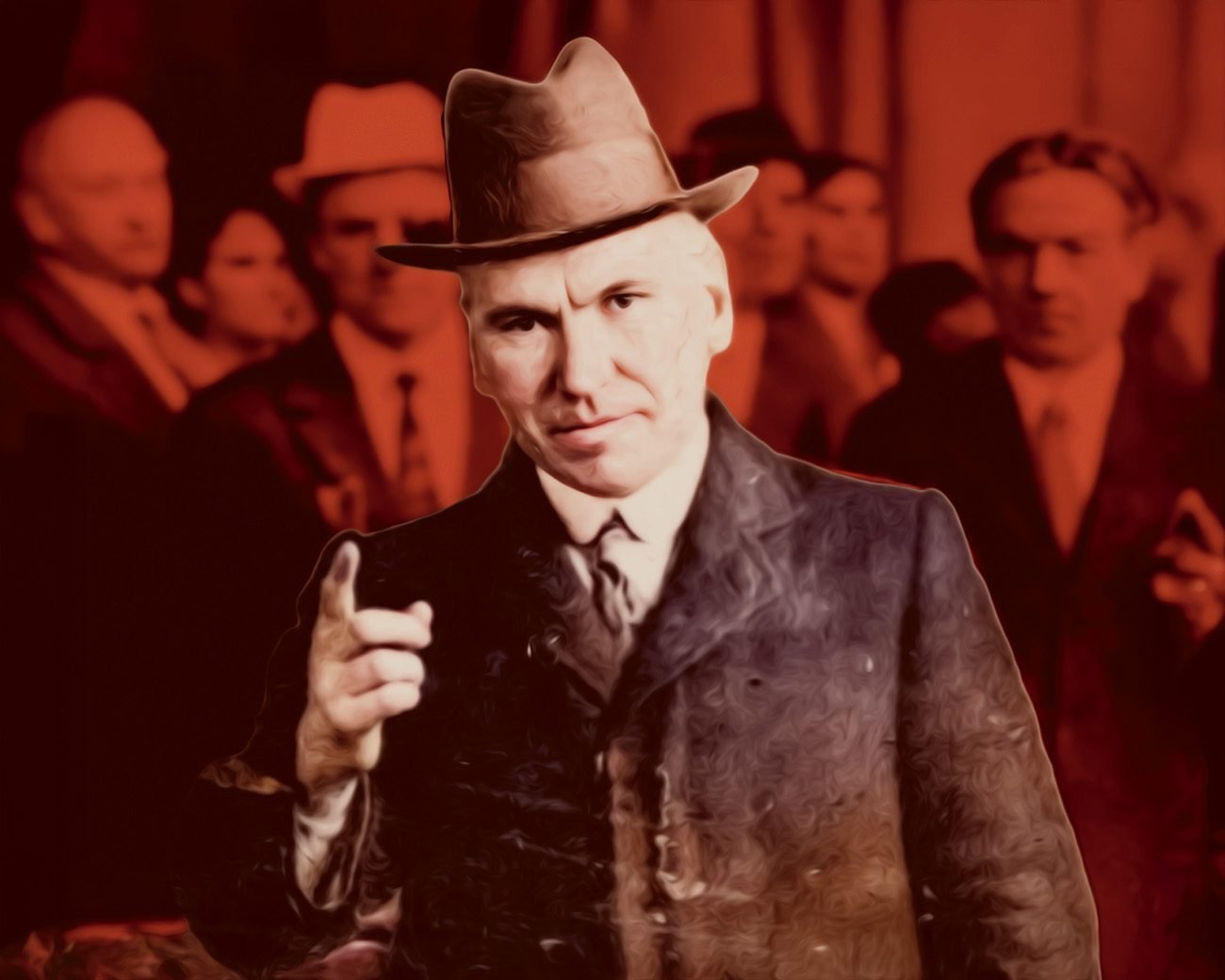 Portret van John Maclean in jas en hoed, omringd door arbeiders op de achtergrond.
