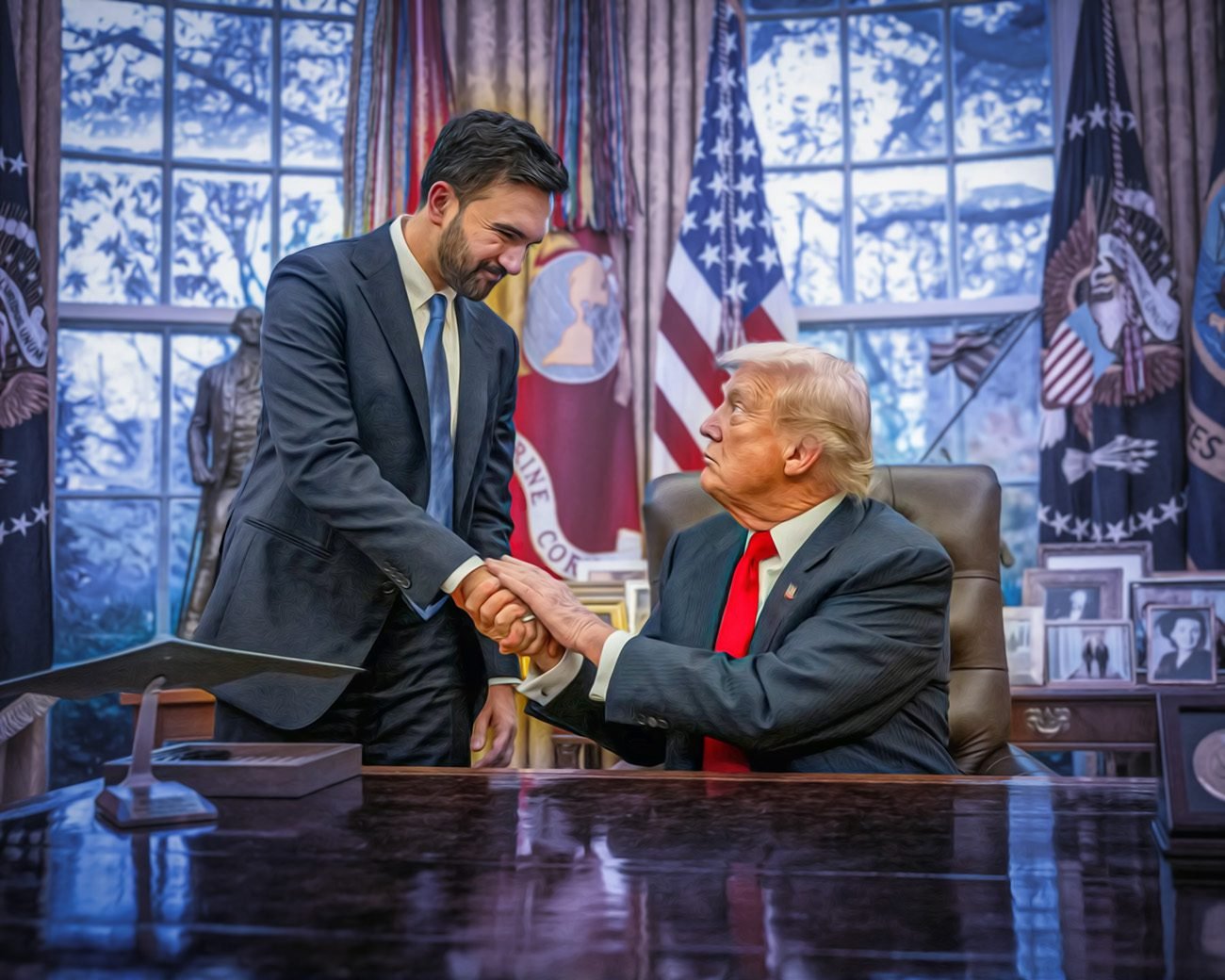 Mamdani en Trump schudden elkaar de hand in het Oval Office, één achter het bureau en de ander staand ernaast, omringd door vlaggen en foto’s.