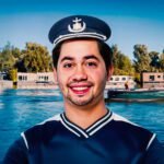 Portret van een man met matrozenpet voor woonboten op Amsterdams water.