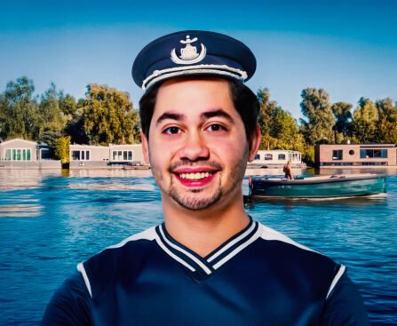 Portret van een man met matrozenpet voor woonboten op Amsterdams water.