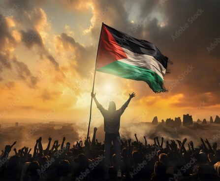 Een persoon houdt een grote Palestijnse vlag omhoog terwijl een menigte onder hem juicht bij een horizon met rook en een opkomende zon.