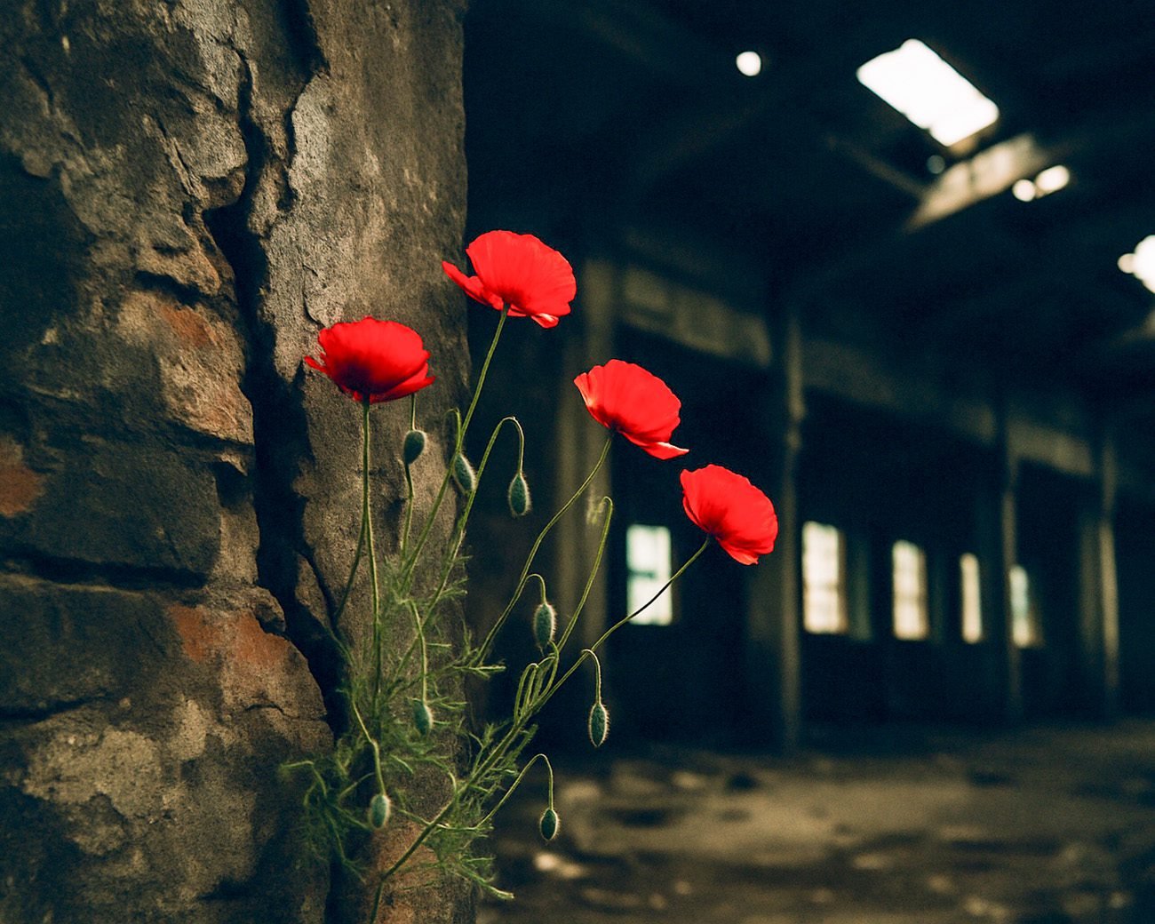 Rode wilde bloemen groeien door barsten in de muur van een donker, verlaten industrieel gebouw waar licht door gaten in het dak valt.