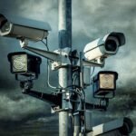 Meerdere beveiligingscamera’s gericht op de omgeving, gemonteerd op één paal onder een donkere lucht.