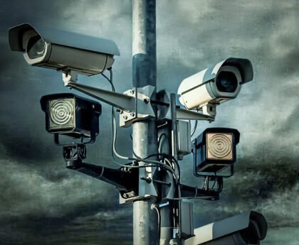 Meerdere beveiligingscamera’s gericht op de omgeving, gemonteerd op één paal onder een donkere lucht.