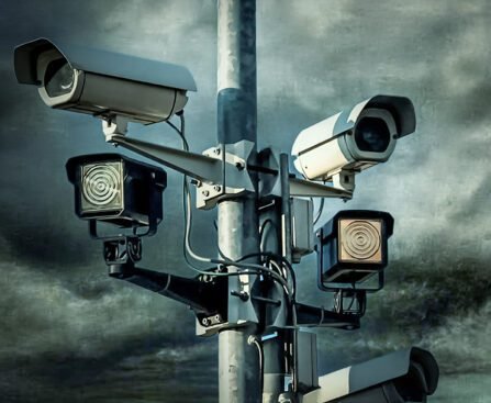 Meerdere beveiligingscamera’s gericht op de omgeving, gemonteerd op één paal onder een donkere lucht.