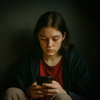 Tiener zit in het donker en kijkt geconcentreerd op haar smartphone