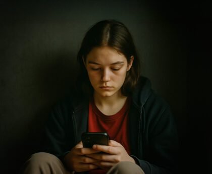 Tiener zit in het donker en kijkt geconcentreerd op haar smartphone