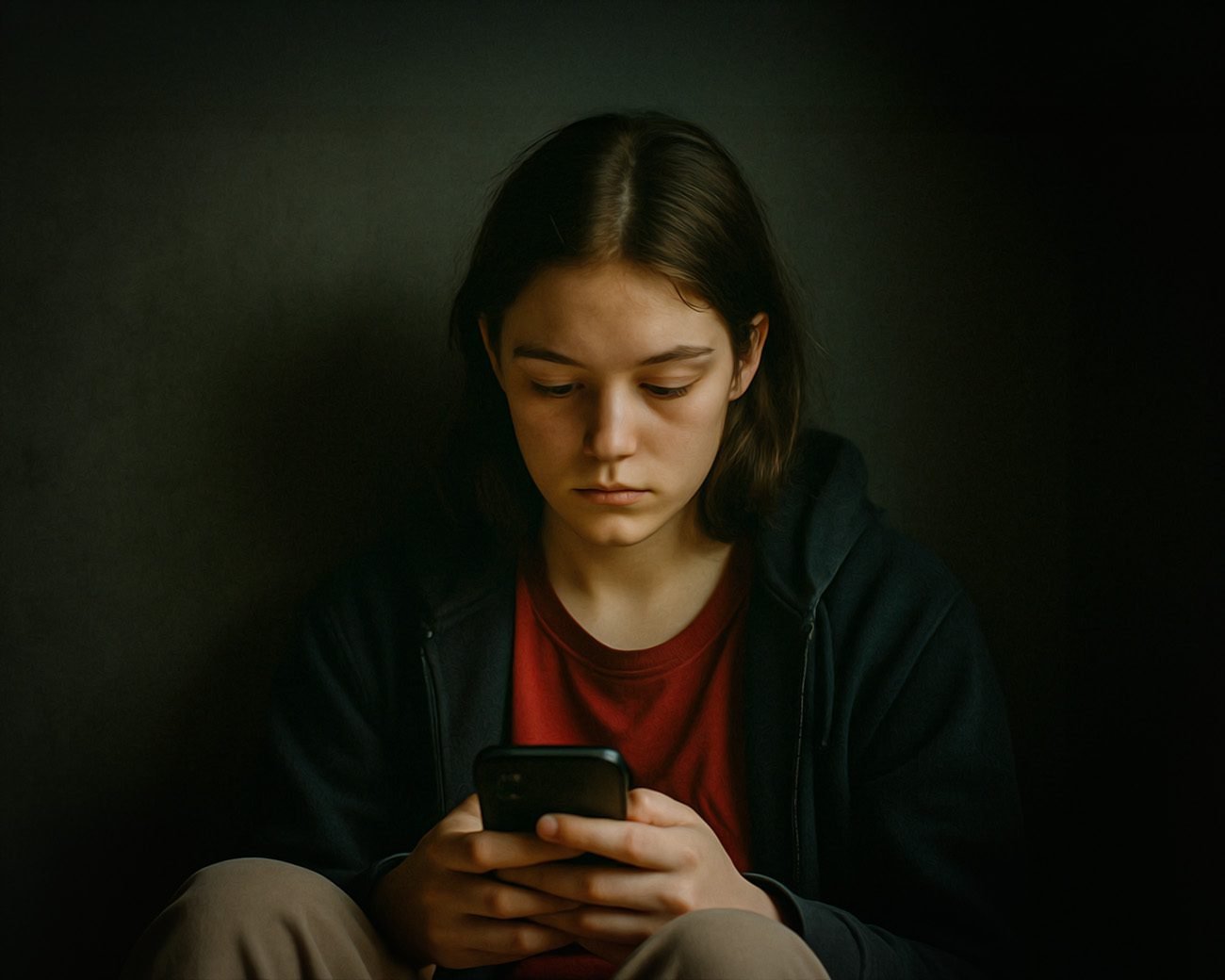 Tiener zit in het donker en kijkt geconcentreerd op haar smartphone