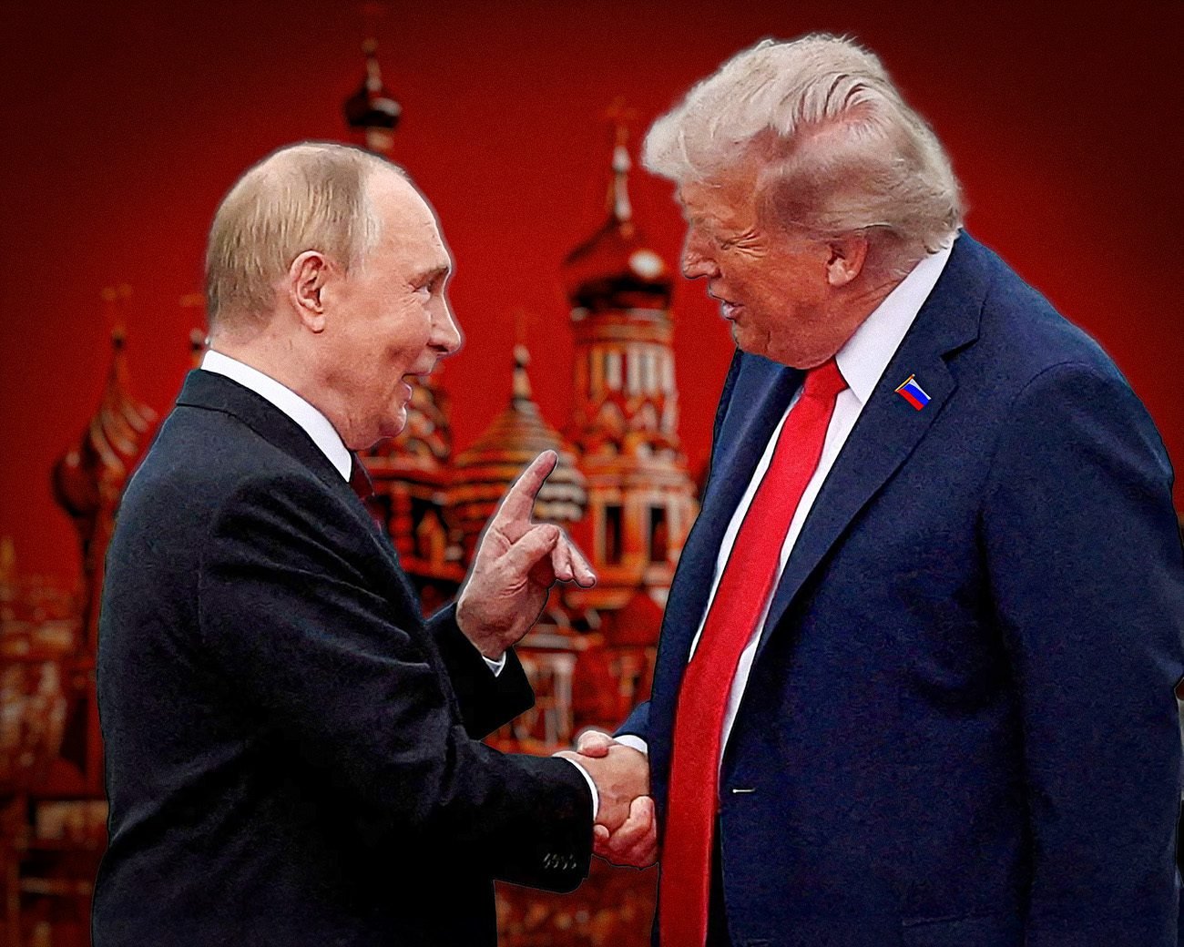 Donald Trump en Vladimir Poetin schudden elkaar de hand met het Kremlin op de achtergrond