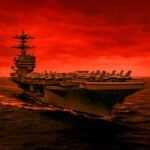 Amerikaans vliegdekschip vaart op volle zee onder een dreigend rode lucht tijdens operatie nabij Venezuela