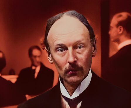 Portret van Willem van Ravesteyn, omringd door tijdgenoten in een binnenruimte.