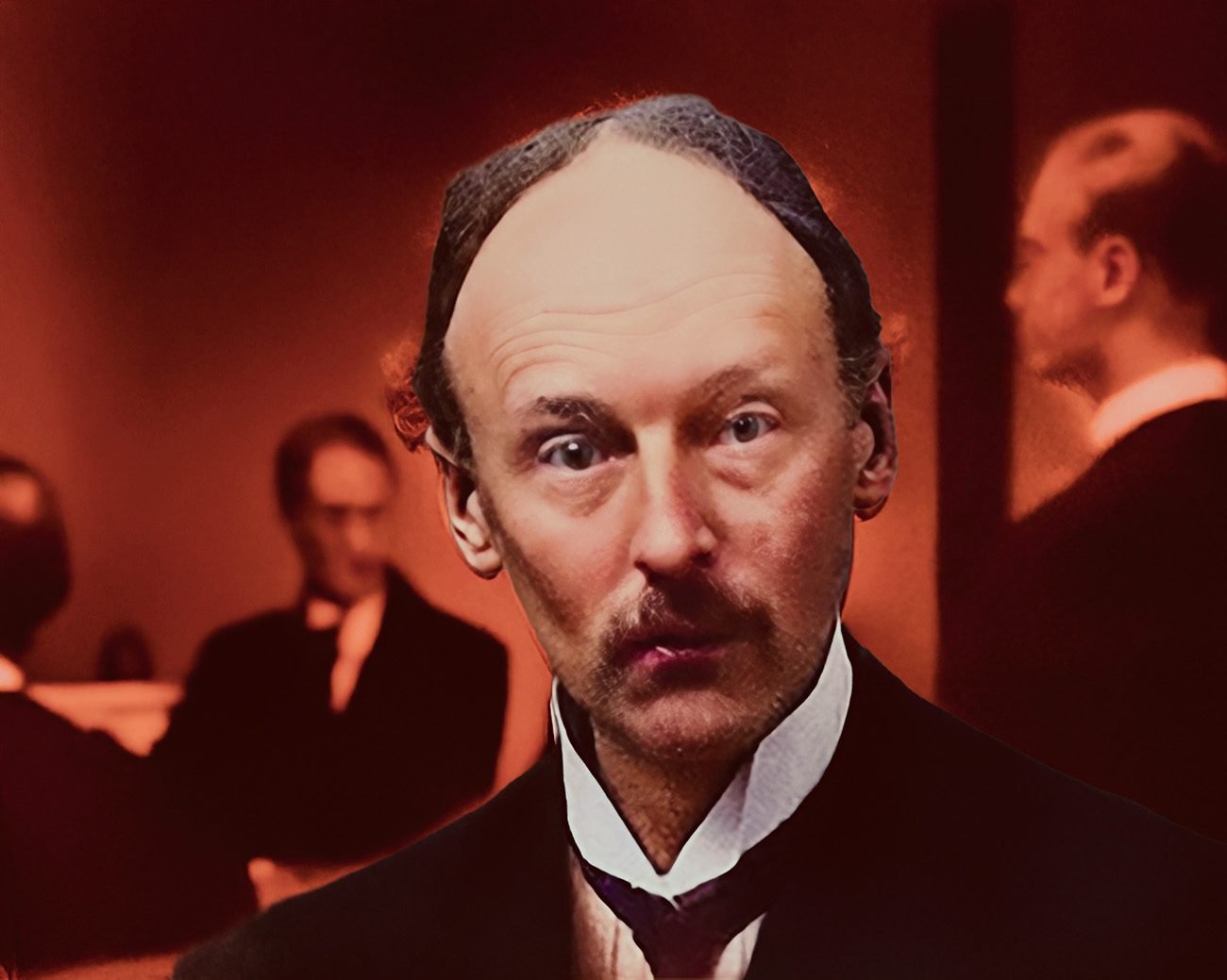 Portret van Willem van Ravesteyn, omringd door tijdgenoten in een binnenruimte.