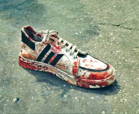 Een bebloede witte sneaker op straat; later breed verspreid in media en sociale netwerken als symbool van Nepal’s Gen Z-protesten.