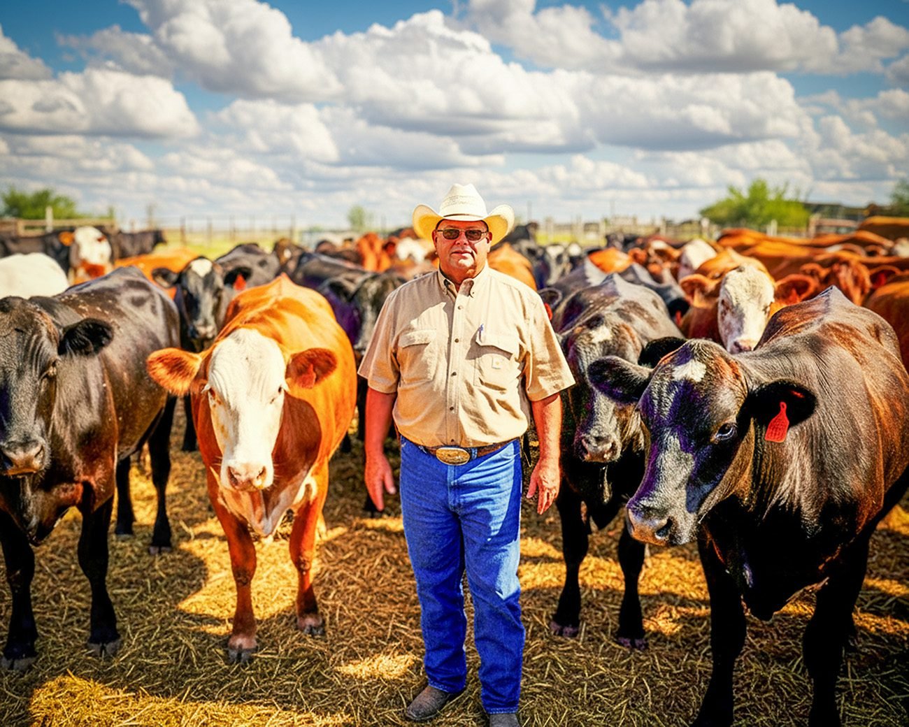 Amerikaanse veehouder staat tussen runderen op een erf, symbool voor voedselproductie onder druk van markt en prijsbeleid.