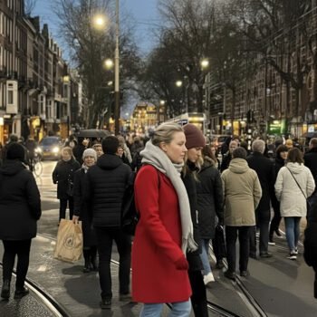 Drukke Amsterdamse straat bij schemering met voetgangers die elkaar passeren tussen tramlijnen en winkels.