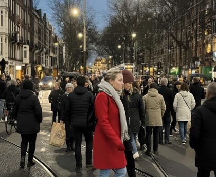 Drukke Amsterdamse straat bij schemering met voetgangers die elkaar passeren tussen tramlijnen en winkels.