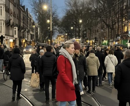 Drukke Amsterdamse straat bij schemering met voetgangers die elkaar passeren tussen tramlijnen en winkels.
