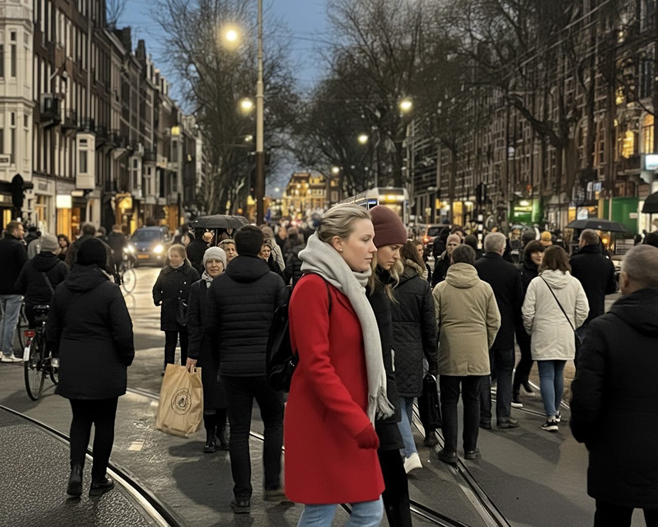 Drukke Amsterdamse straat bij schemering met voetgangers die elkaar passeren tussen tramlijnen en winkels.
