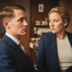 Twee personen in nette kleding kijken elkaar aan in een rustige binnenruimte, alsof ze een gesprek delen of samen plannen maken.