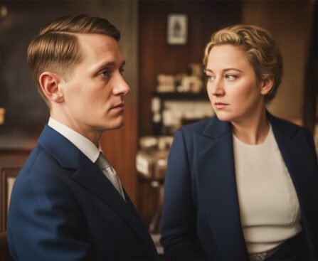 Twee personen in nette kleding kijken elkaar aan in een rustige binnenruimte, alsof ze een gesprek delen of samen plannen maken.