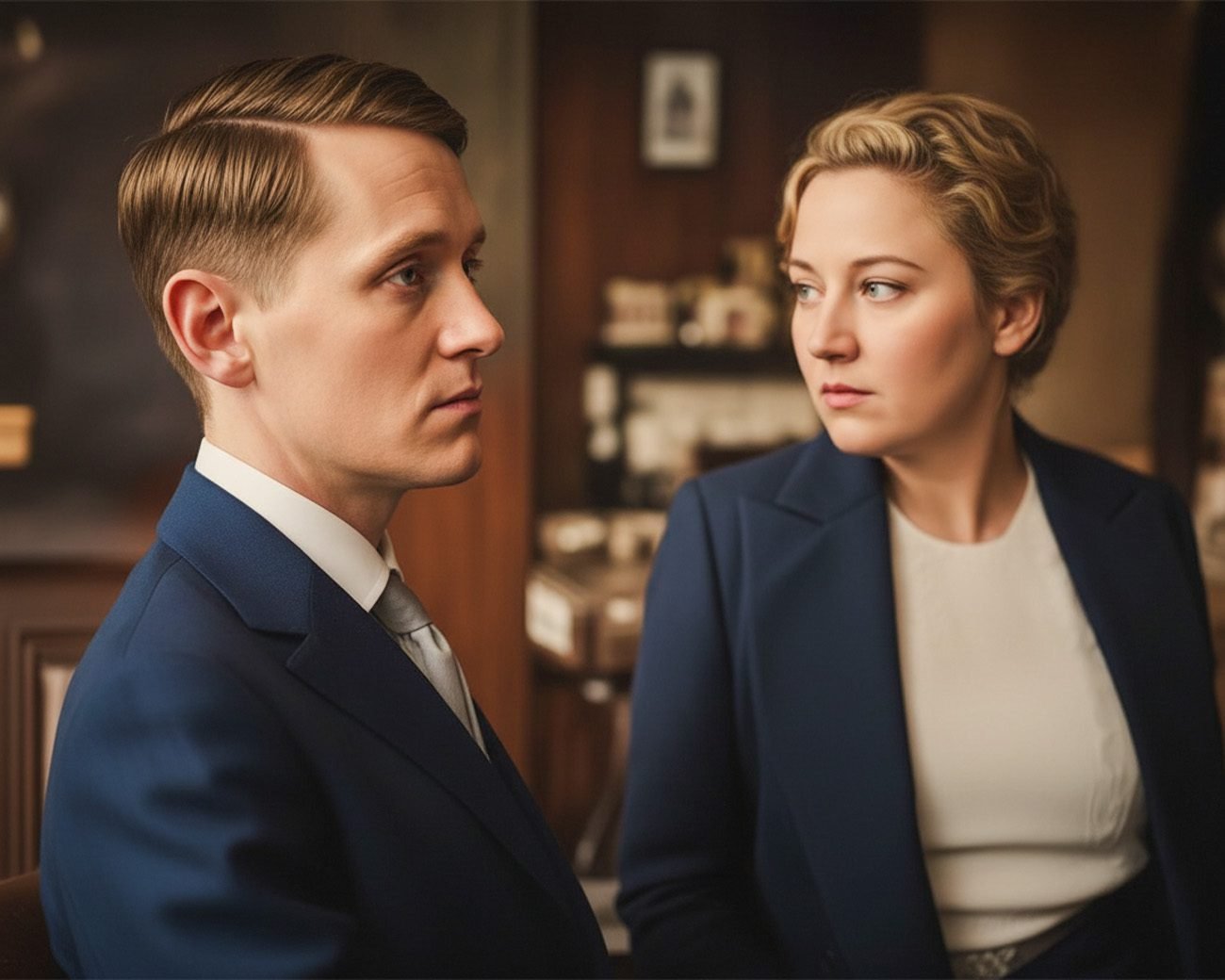 Twee personen in nette kleding kijken elkaar aan in een rustige binnenruimte, alsof ze een gesprek delen of samen plannen maken.