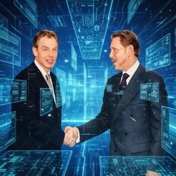 Tony Blair en Larry Ellison schudden elkaar de hand tijdens een officiële bijeenkomst, symbool voor hun langdurige samenwerking en politieke-technologische invloed.