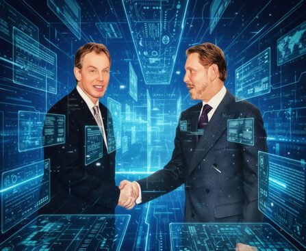 Tony Blair en Larry Ellison schudden elkaar de hand tijdens een officiële bijeenkomst, symbool voor hun langdurige samenwerking en politieke-technologische invloed.