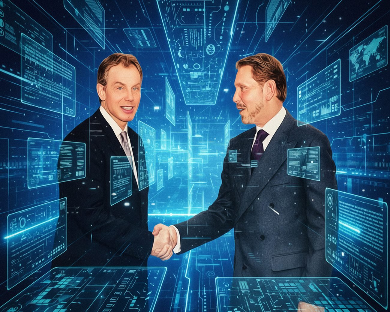 Tony Blair en Larry Ellison schudden elkaar de hand tijdens een officiële bijeenkomst, symbool voor hun langdurige samenwerking en politieke-technologische invloed.