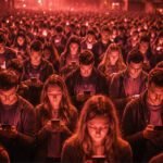 Grote groep mensen die in een rood verlichte ruimte naar hun smartphones kijkt, zonder onderling contact, symbool voor digitale controle en collectieve afzondering.
