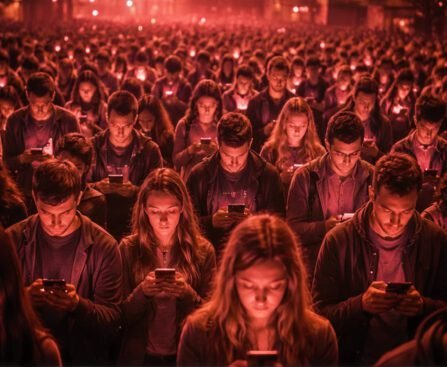 Grote groep mensen die in een rood verlichte ruimte naar hun smartphones kijkt, zonder onderling contact, symbool voor digitale controle en collectieve afzondering.