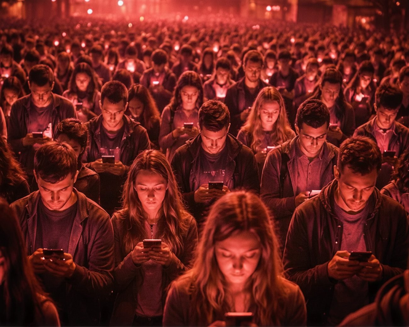 Grote groep mensen die in een rood verlichte ruimte naar hun smartphones kijkt, zonder onderling contact, symbool voor digitale controle en collectieve afzondering.