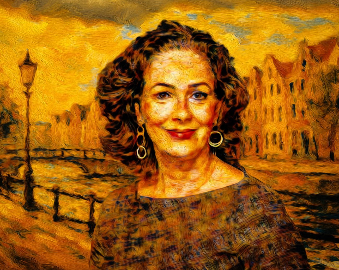 Portret van burgemeester Femke Halsema voor een Amsterdams decor