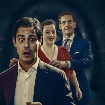 Drie Nederlandse politici staan achter elkaar, waarbij de voorste zichtbaar onder druk staat en de anderen richting geven