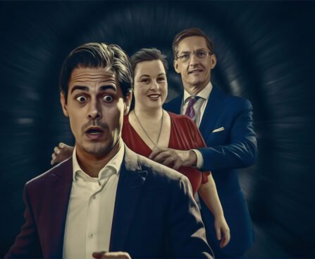 Drie Nederlandse politici staan achter elkaar, waarbij de voorste zichtbaar onder druk staat en de anderen richting geven