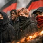 Vier jonge activisten met gezichtsbedekking staan dicht bij elkaar tijdens een protest, met rood-zwarte vlaggen op de achtergrond en vuur op de voorgrond.