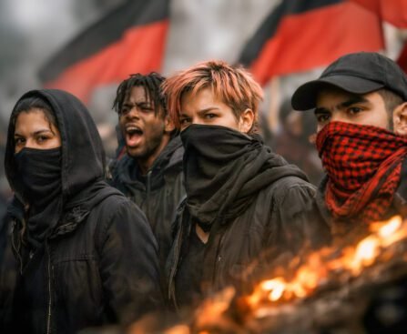 Vier jonge activisten met gezichtsbedekking staan dicht bij elkaar tijdens een protest, met rood-zwarte vlaggen op de achtergrond en vuur op de voorgrond.