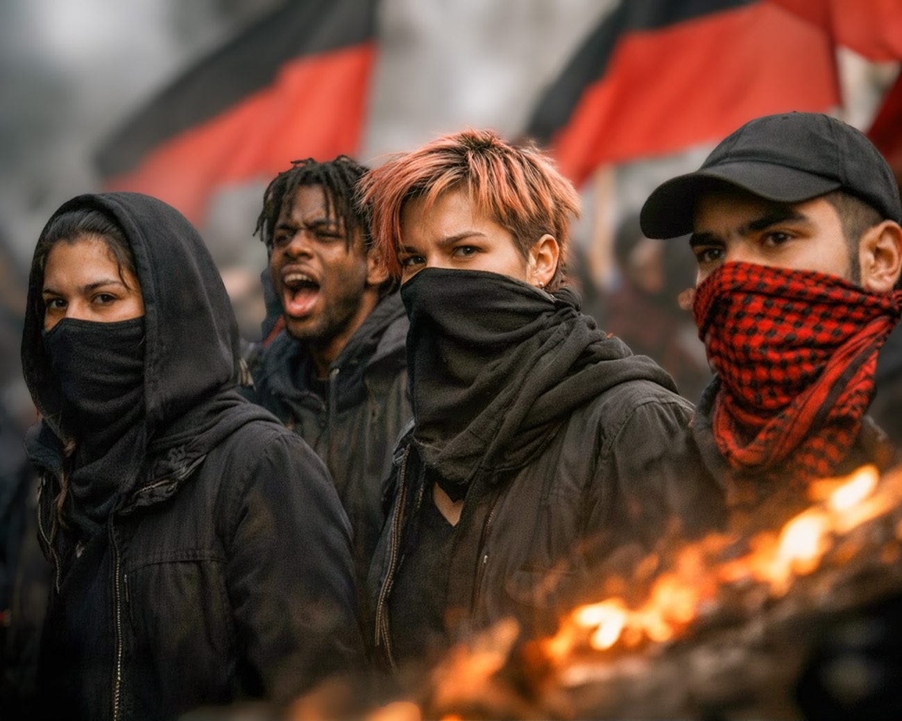 Vier jonge activisten met gezichtsbedekking staan dicht bij elkaar tijdens een protest, met rood-zwarte vlaggen op de achtergrond en vuur op de voorgrond.